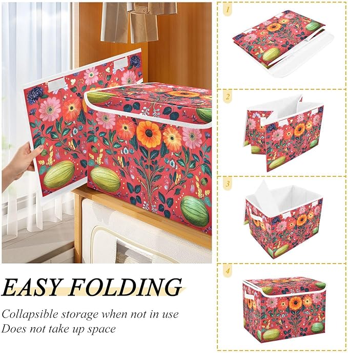 AIXIWAWA Lidded Storage Cube (Pattern Flowers) Fabric Foldable Closet Bins with Flip Lid and Handles Organizer Basket Container 16.5 x 12.6 x 11.8 IN