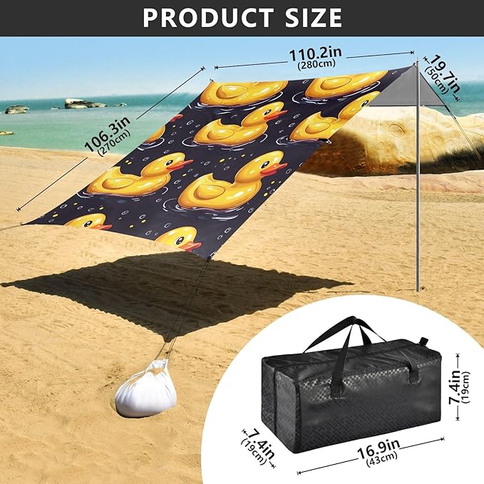ALAZA Yellow Duck Swimming Beach Tent Sun Shelter UPF50+ Protection Beach Shade Canopy w/ 4 Sandbags for Outdoor Camping Fishing Backyard Fun Picnic 10x9 ft