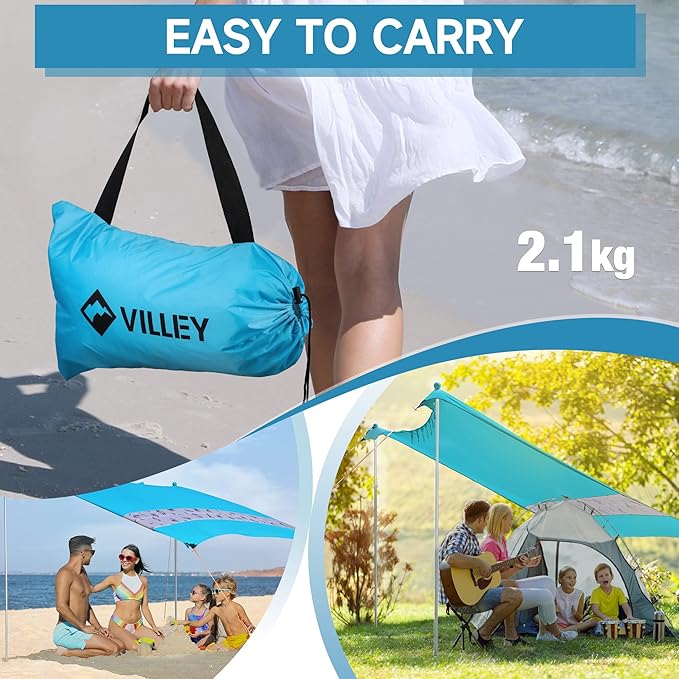 Villey Beach Tent Sun Shelter with UPF50+ Protection 8×7FT Portable Sun Shade with 2 Stability Poles 8 Ground Pegs 4 Sandbags and Sand Shovel Outdoor Beach Canopy for Camping Trips Picnics