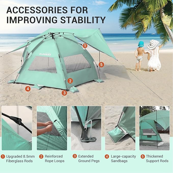 Elegear CumbreX™ Beach Tent with 360° Removable Canopy 4-6 Person Pop Up Sun Shade Shelter UPF 50+ Automated Installation Double Silver Coating Portable Lightweight Beach Cabana for Outdoor - Green