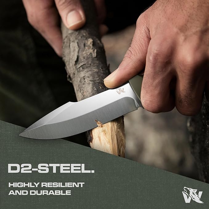 ODENWOLF WOLF-II Full Tang Survival Knife with Sheath and Multi Lok - Strong Tactical Fixed Blade - Made of D2 Steel - Bushcraft and Camping Knife - EDC Outdoor Knife with TPE Handle