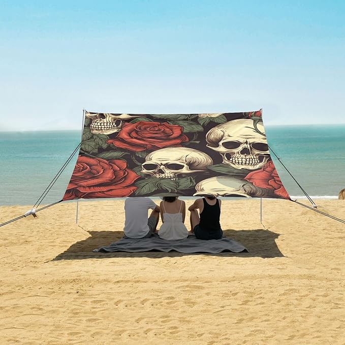 ALAZA Skull and Roses Vintage Retro Beach Tent Sun Shelter Portable Canopy Sunshade for Outdoor Camping Picnics Backyard Fun 10x9 ft