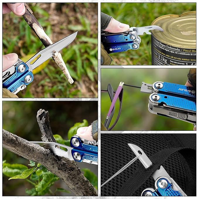 BIBURY Multitool Pliers BI2049BL with Blue Titanium Handle EDC Multi Tool with Replaceable Wire Cutter Full-Size Scissors and Screwdirver Set Heavy Duty Hand Tool for DIY Repair Camping Survival