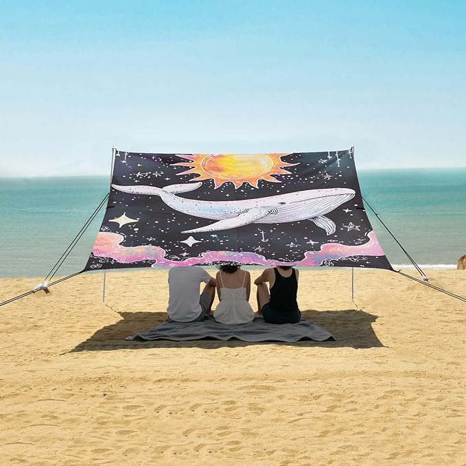 ALAZA Sun Satrs Whale Beach Tent Sun Shelter UPF50+ Protection Beach Shade Canopy w/ 4 Sandbags for Outdoor Camping Fishing Backyard Fun Picnic 10x9 ft