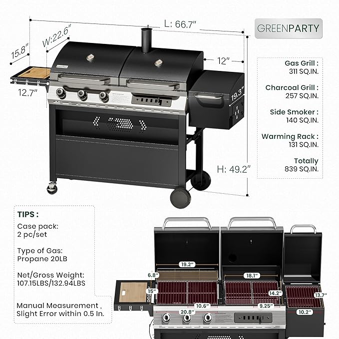 3-Burner Gas and Charcoal Grill Combo with Offset Smoker 30000 BTU Dual Fuel Grill 839 Sq. In. Cooking Area BBQ Grill Ideal for Outdoor Cooking Patio Backyard Balcony