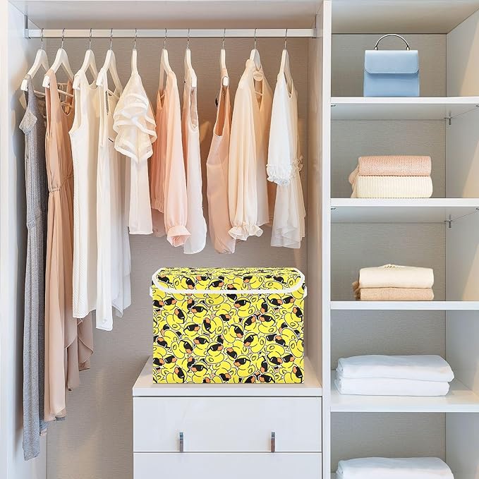 Yellow Duck Cartoon Lidded Home Storage Bins Closet Storage Bins Foldable Oxford Fabric Storage Box for Home Bedroom Closet Office (16.5x12.6x11.8 in)