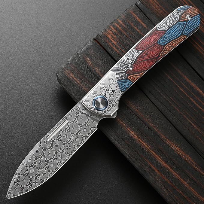 Sitivien ST256 Damascus Steel Folding KnifeDamascus Blade with Colorful G10 Handle EDC Knife for Outdoor CampingHiking Fishing(Color) … …