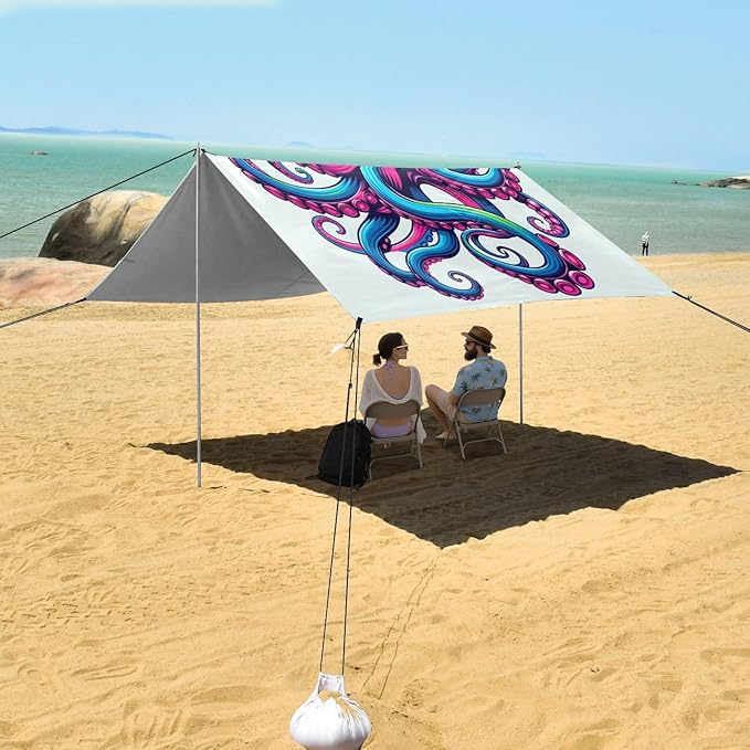 ALAZA Rainbow Octopus Beach Tent Sun Shelter UPF50+ Protection Beach Shade Canopy w/ 4 Sandbags for Outdoor Camping Fishing Backyard Fun Picnic 10x9 ft