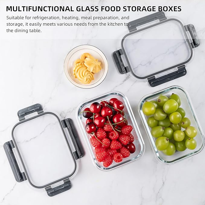 10 Pack 22 oz Glass Meal Prep Containers Food Storage Containers with Lids Airtight Leakproof Lunch Containers for Kitchen Freezer Microwave Dishwasher Safe (Grey)