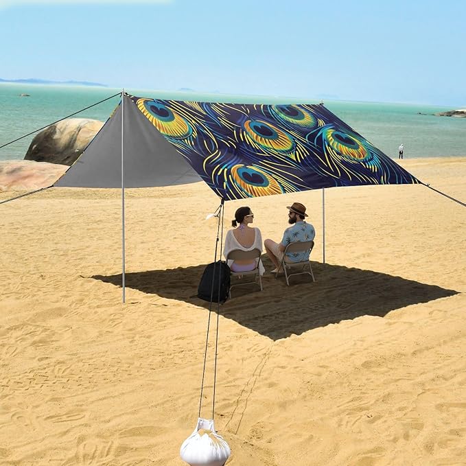 ALAZA Peacock Feathers on Blue Beach Tent Sun Shelter Portable Canopy Sunshade for Outdoor Camping Picnics Backyard Fun 10x9 ft