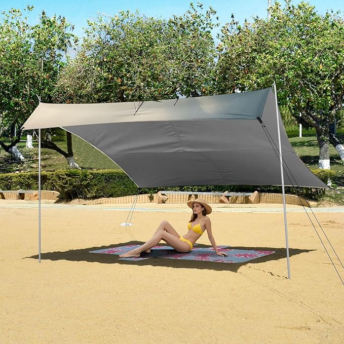 xigua Sailing Boat Beach Tent Sun Shelter with Carrying Bag - Silver Coated Oxford Fabric Beach Canopy for Beach Camping Fishing - Includes Windproof Ropes Sandbags &amp Stakes