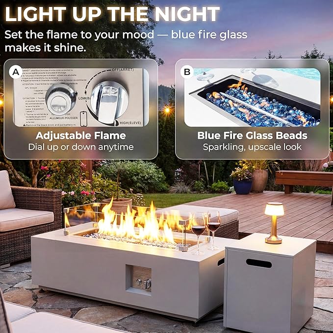 RADIATA 42” Rectangle Propane/Natural Gas Fire Pit for Outside Patio Elegant Minimalist Lowprofile Firepit Table with Tank Table Long Large 50000BTU Durable Sturdy Fireplace for Outside Urban White
