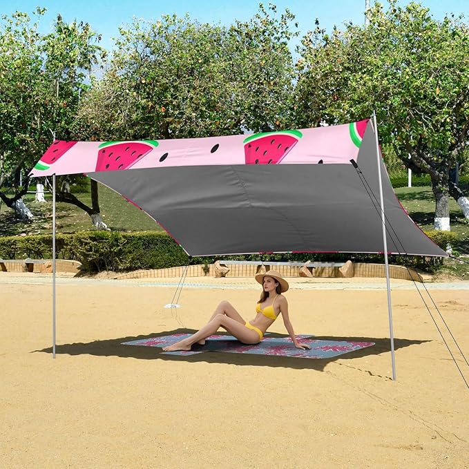 xigua Watermelon Beach Tent Sun Shelter with Carrying Bag - Silver Coated Oxford Fabric Beach Canopy for Beach Camping Fishing - Includes Windproof Ropes Sandbags &amp Stakes