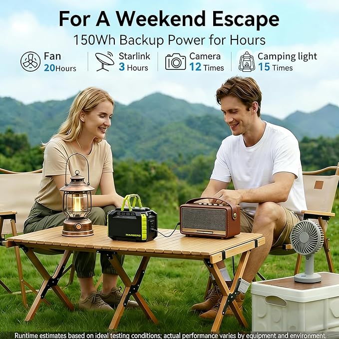 MARBERO Portable Power Station 150Wh Camping Solar Generator Laptop Charger Power Bank with AC Outlet 110V 150W Peak with 4*USB 4*DC Ports LED Flashlights for CPAP Home Camping Hurricane Emergency