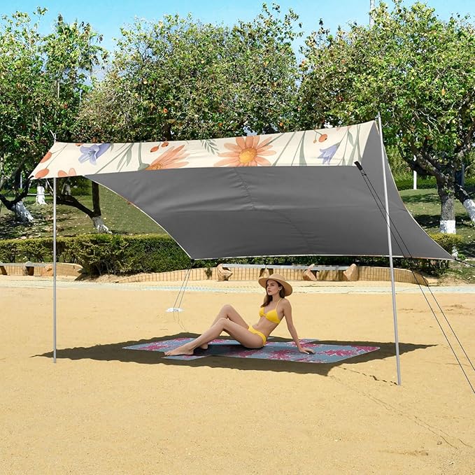 xigua Butterfly Beach Tent Sun Shelter with Carrying Bag - Silver Coated Oxford Fabric Beach Canopy for Beach Camping Fishing - Includes Windproof Ropes Sandbags &amp Stakes
