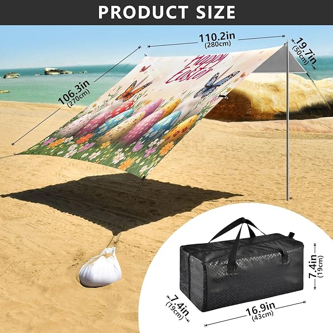 Easter Eggs Spring Meadow Beach Tent Sun Shelter Set UPF50+ UV Protection 10.5 x 9.19 FT Camping Shade Canopy with Sandbags Sand Anchors Carrying Bag and Others