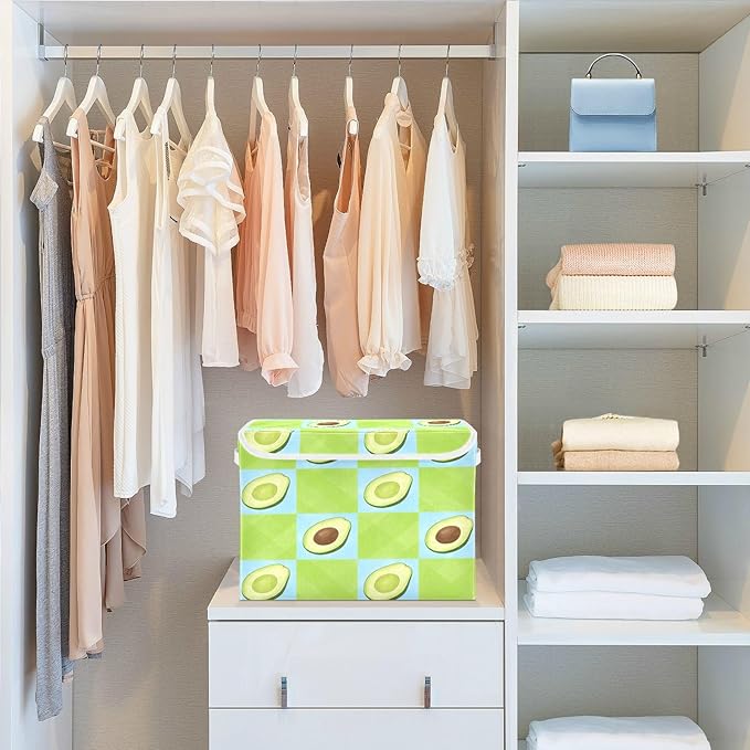 Storage Bins With Lid Stackable Fabric Closet Organizer Clothing Storage Large Boxes For Closet Shelves Bedroom Emerald Green Blue Checkered Avocado