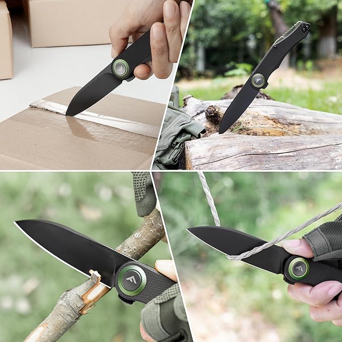 FLISSA Button Lock Folding Knife 3.1 D2 Steel Blade EDC Pocket Knife with G10 Handle Flipper Belt Clip Bearings for Outdoor Camping Hiking Fishing Hunting Gift for Men &amp Women (Green)
