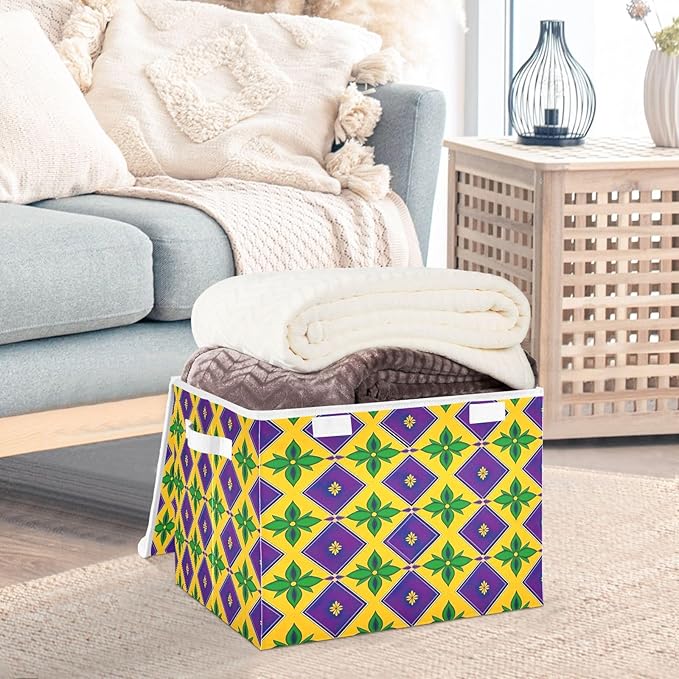 Storage Baskets with Lids Collapsible Bins Stackable Fabric Linen Baskets Closet Organizer Container Mardi Gras 16.5x12.6x11.8