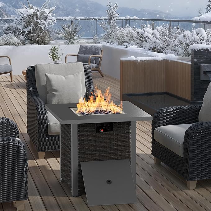 COWSAR 28 Rattan Square Propane Fire Pit Table 50000 BTU Outdoor Gas Fire Pit Includes Lid and Lava Rocks for Patio Deck Garden Warmth and Ambiance Black