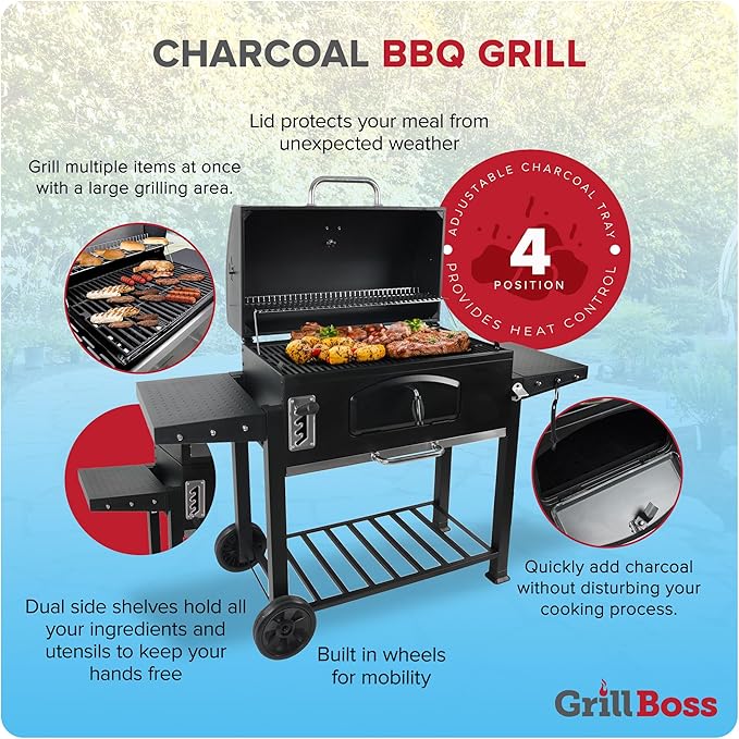Grill Boss Charcoal Grill with Large 32-Inch Cooking Area - Includes Warming Rack Side Shelves Bottom Storage and Wheels for Outdoor BBQ Tailgating Camping &amp Backyard Grilling