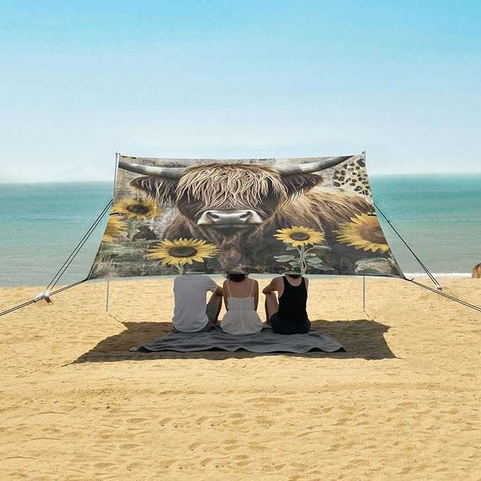 ALAZA Highland Cattle Sunflower Retro Beach Tent Sun Shelter Portable Canopy Sunshade for Outdoor Camping Picnics Backyard Fun 10x9 ft
