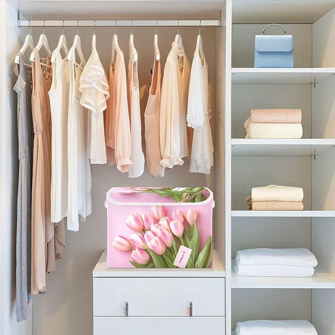 Collapsible Storage Bins with Lids Decorative Fabric Storage Cubes Closet Organizer and Storage Basket Boxes Containers for Clothes Box Chest Nursery Folding Rectangle Tulip Pink Mother's Day