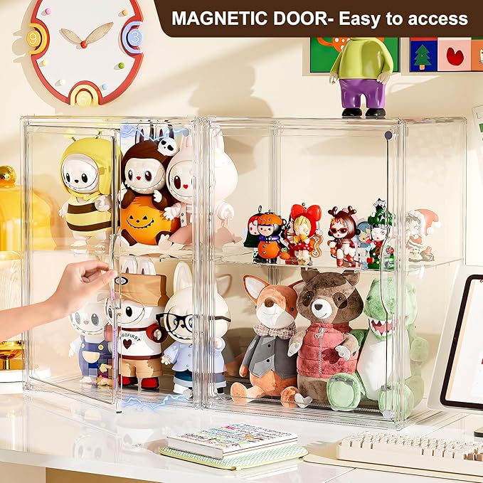 Acrylic Clear Display Case Stackable Plastic Storage Bins with Shelf Figure Figurine Hobby Display Case with Magnetic Lid Large Acrylic Display Box for Collectibles Figures 2 Pack