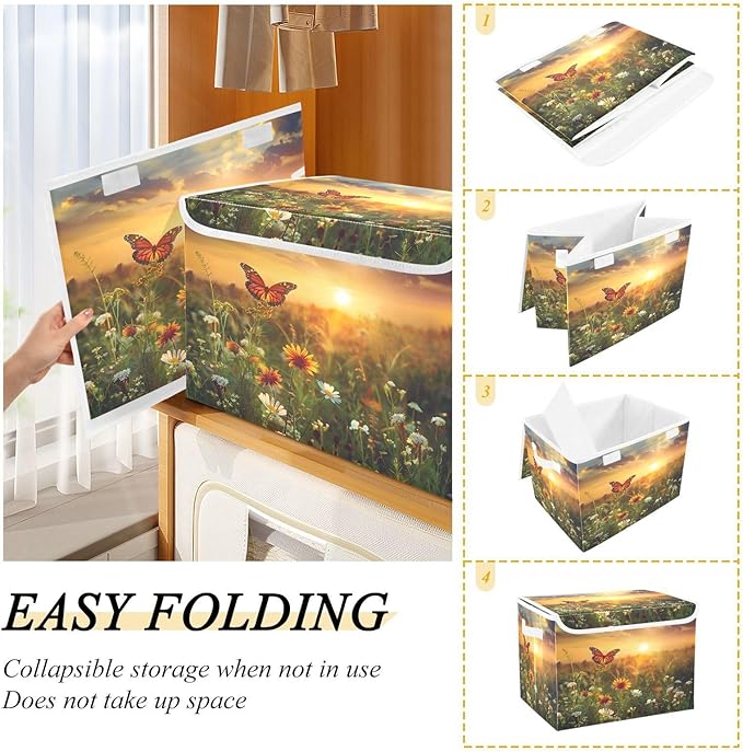 MNSRUU Containers Baskets with Lids Flower Butterfly Foldable Storage Bins Organizer with Lid Collapsible Storage Boxes for Home Bedroom Closet Office
