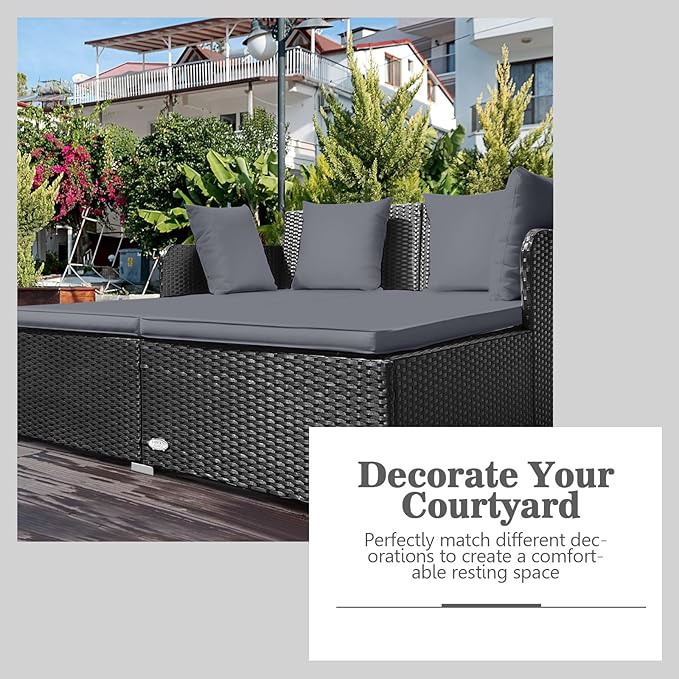 Tangkula Outdoor Rattan Daybed Wicker Furniture with Spacious Seat Upholstered Cushion &amp High-Resilience Sponge Patio Sofa Set with 4 Pillows 2-Person Sunbed for Poolside Backyard Garden &amp