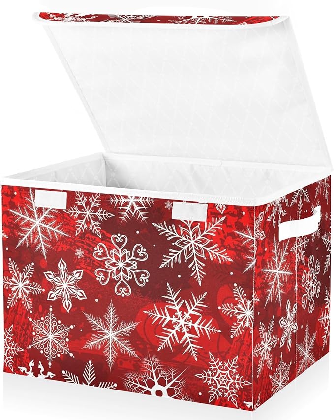 senya Christmas Baskets Collapsible Storage Bins with Lids Christmas Red Pattern with Snowflakes Flower Storage Boxes Clothes Baskets for Organizing
