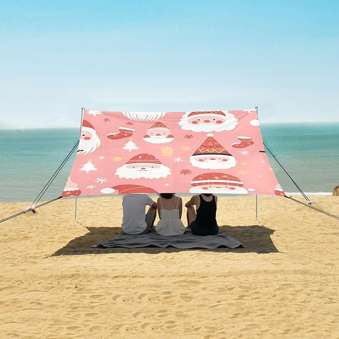 Christmas Santa Red Pastel Pink Stable Beach Tent UPF50 Waterproof Large Portable Sun Shelter with Sandbags Sand Shovel Poles for Camping Picnics Backyard &amp Fishing