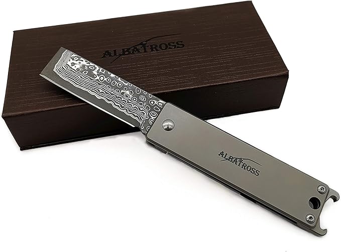ALBATROSS Premium EDC Pocket Knife - Compact Folding Tactical Knife with Damascus Steel Blade Titanium Handle &amp Bottle Opener - Everyday Carry Camping Survival Knife - Mothers Day Fathers Day Gif