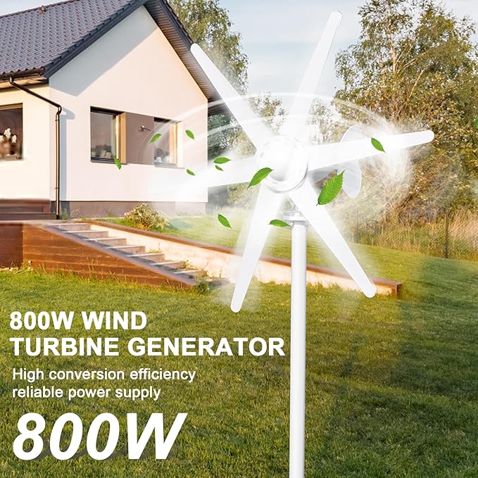 800W Wind Turbine Generator Kit 6-Blade 12V/24V Wind Energy System Durable Electromagnetic Power Generator for Home RV and Off-Grid Use White
