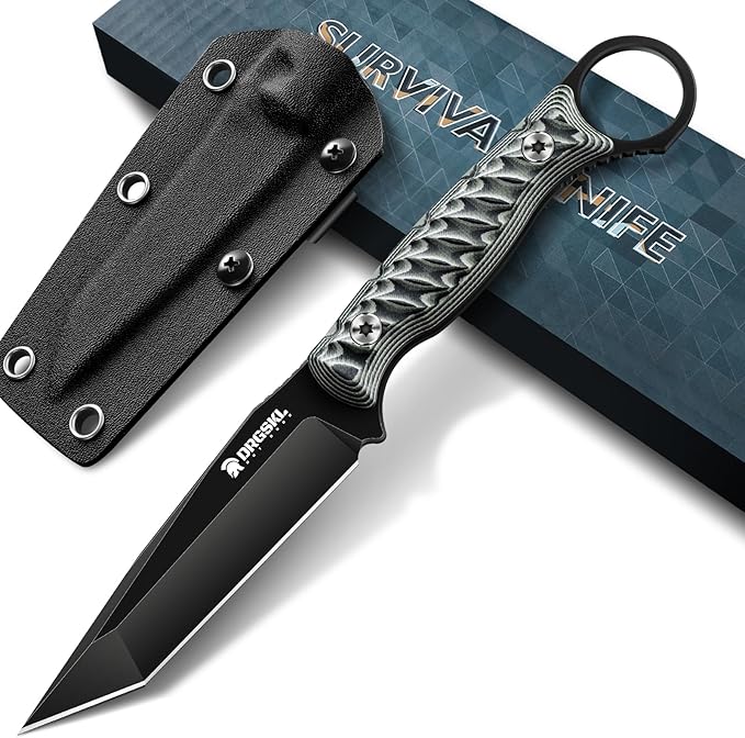 Tanto Fixed Blade Knife - Full Tang Survival Knife for Bushcraft - Camping Knives with Sheath - Black Knives Forged from a Single Piece of D2 Steel - Ideal Gift for Men - Green