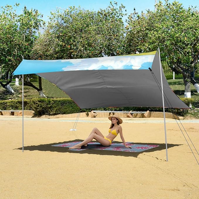 Beach Canopy with Windproof Ropes &amp Sandbags Beach Tent Sun Shade Sun Shelter for Camping Trips Fishing Backyard Fun or Picnics Landscape