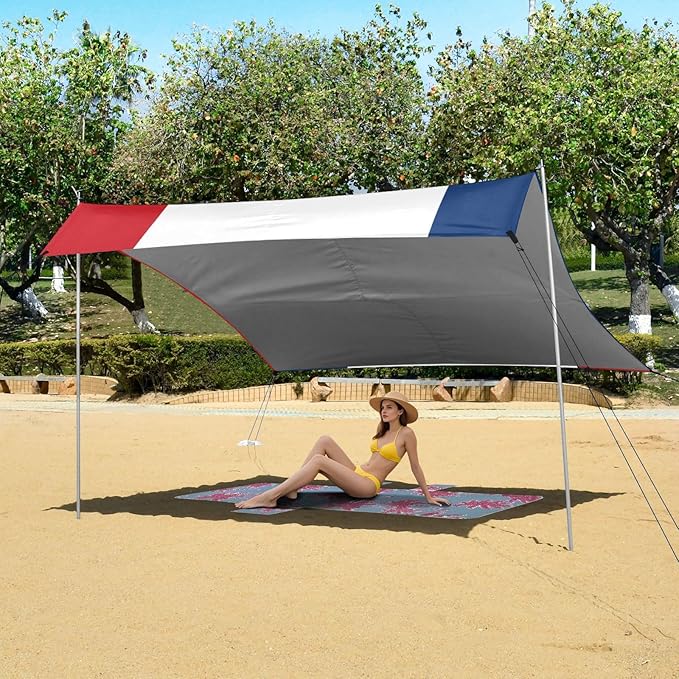 France Flag Foldable Beach Canopy UPF50 Easy Setup Shade Sun Shelter with Sandbags Sand Shovel Poles for Camping Picnics Backyard