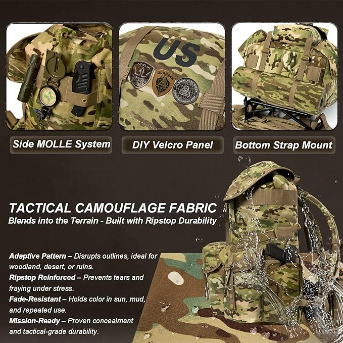 MT Military ALICE Pack Large Size Tactical Rucksack with Aluminum Quick-Release Buckles and Enhanced Waist Support – US Logo