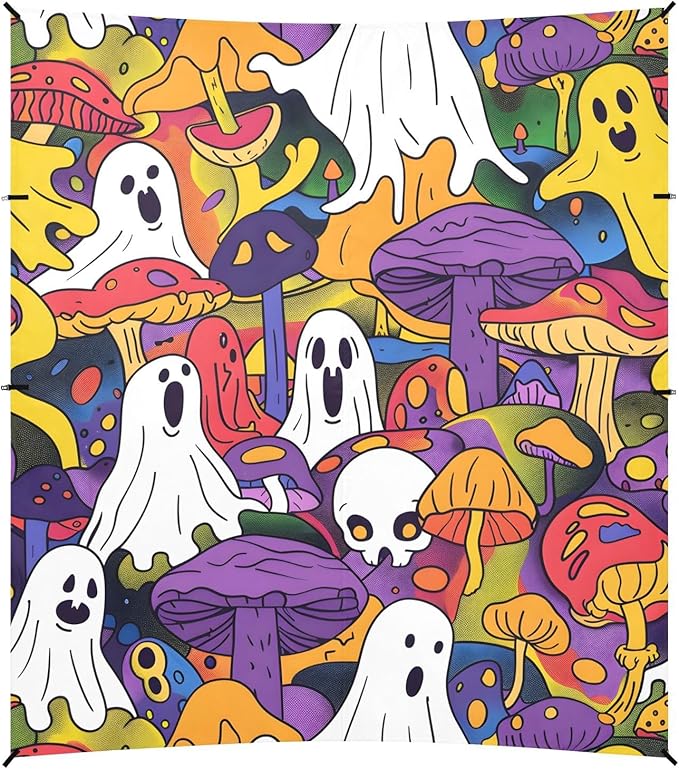 ALAZA Halloween Ghosts Mushroom Beach Tent Sun Shelter UPF50+ Protection Beach Shade Canopy w/ 4 Sandbags for Outdoor Camping Fishing Backyard Fun Picnic 10x9 ft