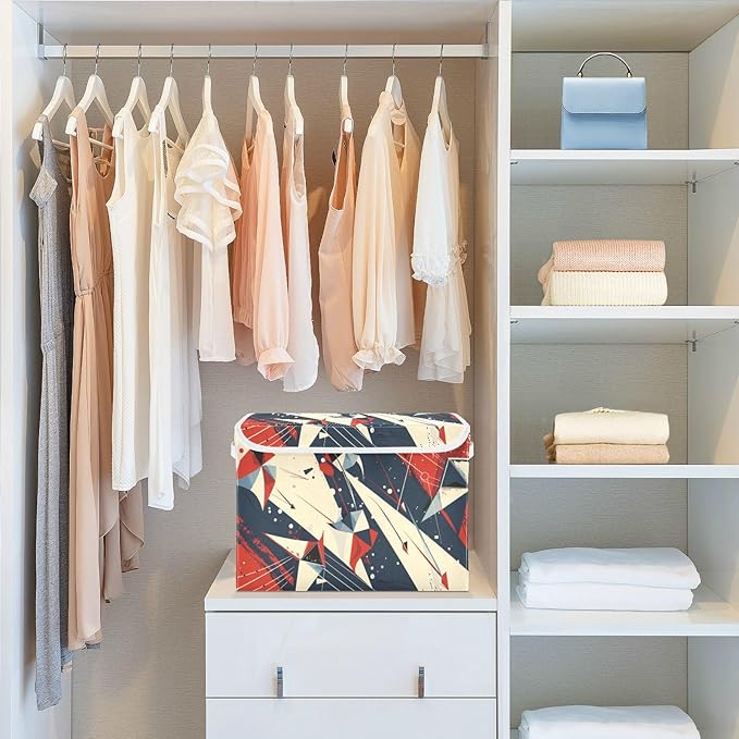 Storage Bins With Lid Stackable Fabric Closet Organizer Clothing Storage Large Boxes For Closet Shelves Bedroom Red Blue Angular Abstract