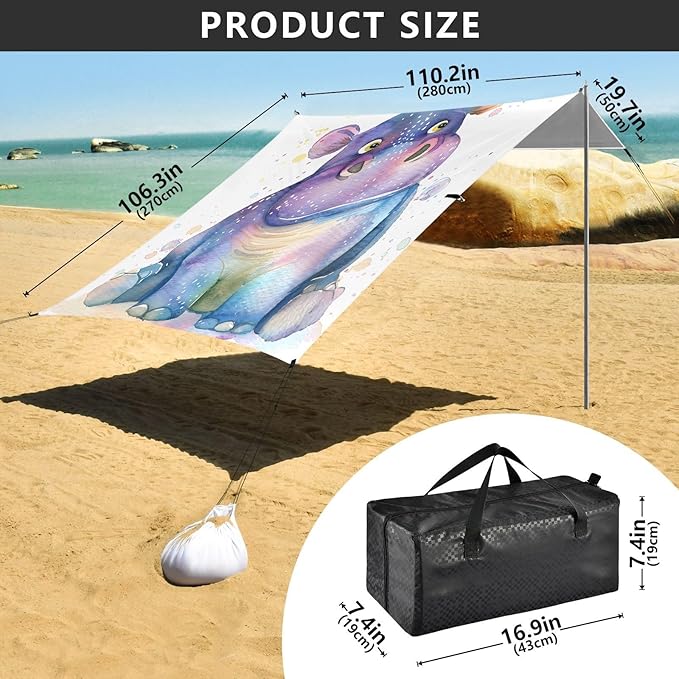 ALAZA Watercolor Hippo Hippopotamus Beach Tent Sun Shelter UPF50+ Protection Beach Shade Canopy w/ 4 Sandbags for Outdoor Camping Fishing Backyard Fun Picnic 10x9 ft