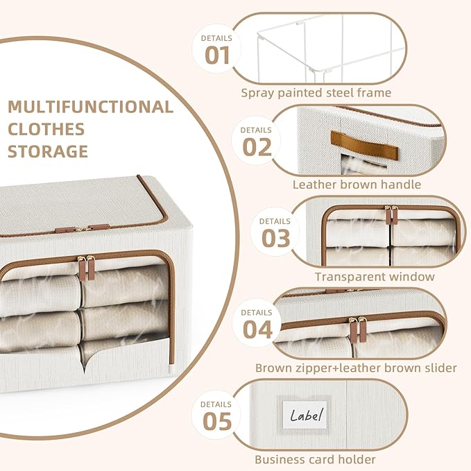 FHSQX 6 Pack Clothes Storage Bins - Foldable Storage Bins for Clothes Fabric Storage Box with Metal Frame (Cream White 16.5x12.2x12.2 inch)