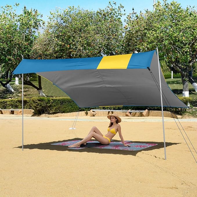 Sweden Flag Beach Tent UPF50 Waterproof Shade Sun Shelter with Sandbags &amp Sand Shovel for Backyard and Camping