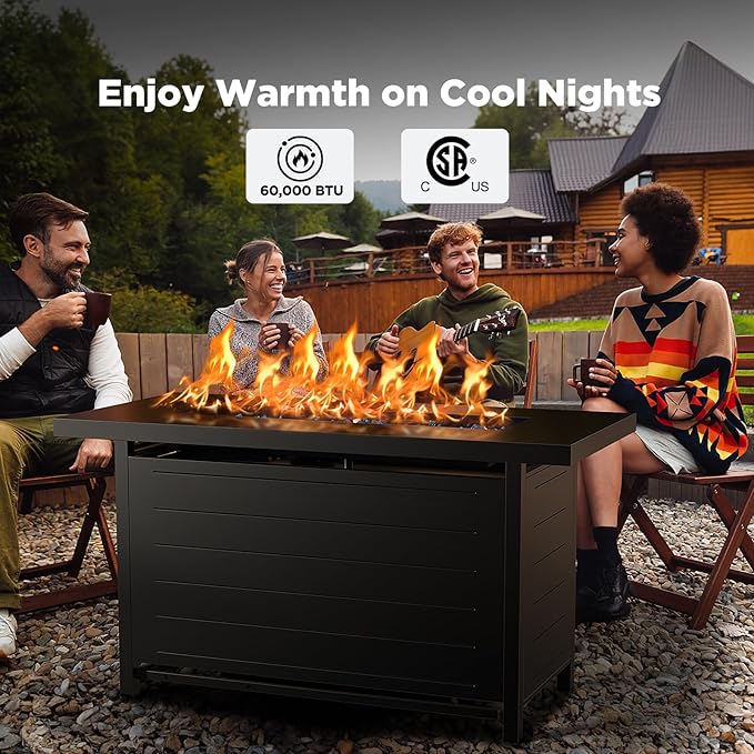 Ciays 43″ Propane Fire Pit with Glass Beads &amp Lid 60000 BTU CSA-Certified Gas Fire Pits with Cup Holders Hanging Shelf &amp Nylon Cover Large Fire Pit Table for Patio/Porch/Deck Black