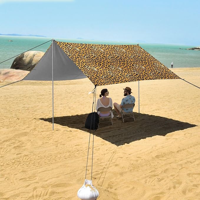 ALAZA Yellow Leopard Print Cheetah Beach Tent Sun Shelter UPF50+ Protection Beach Shade Canopy w/ 4 Sandbags for Outdoor Camping Fishing Backyard Fun Picnic 10x9 ft