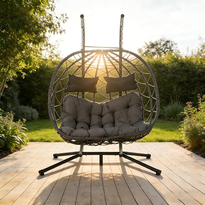 KEIKI Double Swing Egg Chair with Stand Patio Rattan Wicker Hammock Egg Chair with UV Cushion 2 Person Outdoor Indoor Hanging Basket Chair 660LBS Capacity for Balcony Dark Gray and Gray