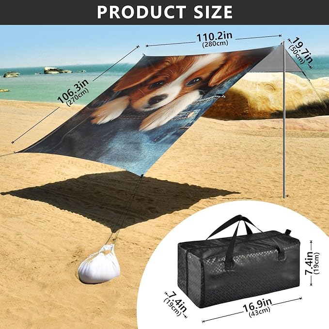 ALAZA Cute Dog on Jeans Beach Tent Sun Shelter Portable Canopy Sunshade for Outdoor Camping Picnics Backyard Fun 10x9 ft