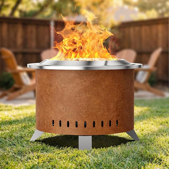 Verdeluxe Smokeless Fire Pit22 Inch Stainless Steel Firepit Outdoor Wood Burning Fire Pit with CoverSmokeless Firepits for Outside Backyard Patio Garden Camping(Rusty)