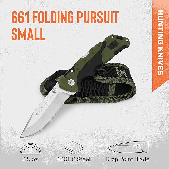 Buck Knives 661 Small Folding Pursuit Hunting Knife 3 Blade Glass Filled Nylon Handle 420HC Stainless Steel Drop Point Blade Sheath Included Knife Made in the USA Green 2.5 oz