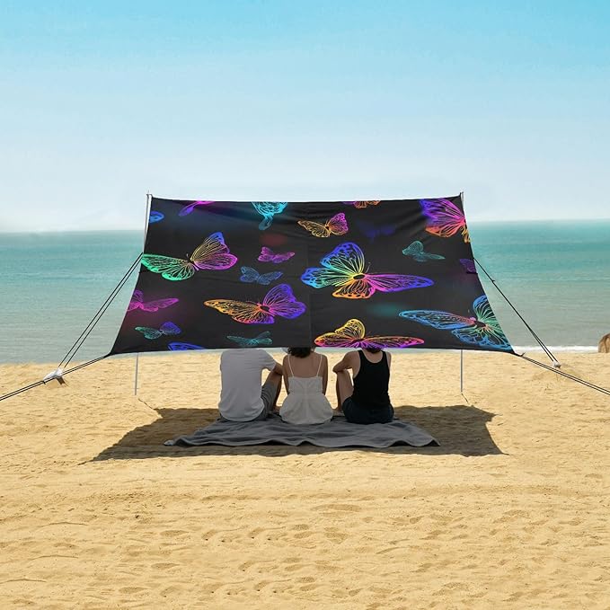 ALAZA Colorful Neon Butterfly Pattern Beach Tent Sun Shelter Portable Canopy Sunshade for Outdoor Camping Picnics Backyard Fun 10x9 ft